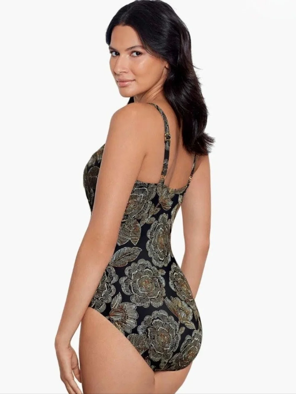 MIRACLE SUIT Petal Pusher Gali Black & Gold Foam Cup V-Neck One Piece swimsuit - Picture 4 of 13